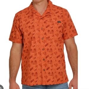 Cinch Men's Medium Burnt Orange Camp Graphic Button Down Fish Camp Outdoors